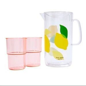 Kate Spade Lemon Design Pitcher and Pink Glass Set